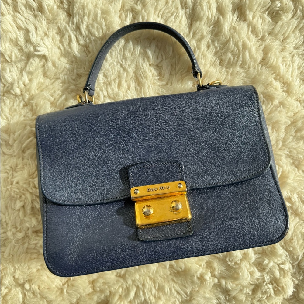 Vintage Miu Miu Dark Blue Madras Leather Push Lock Flap Top Handle Bag Italy